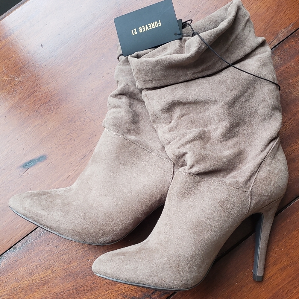 Tan/gray high heel boots